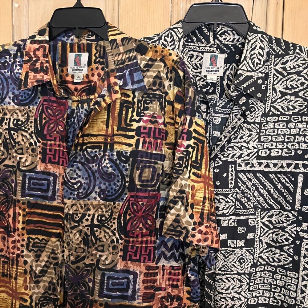 Tori Richard Mens Y2K Vintage 2 SET Tribal Hawaiian Shirt Sz. Large Brown SP EXC